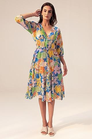 multi-colored cotton floral printed midi dress