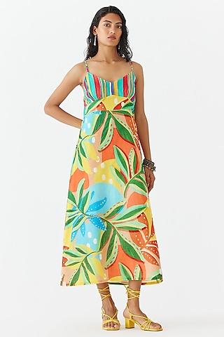 multi-colored cotton floral printed strappy midi dress