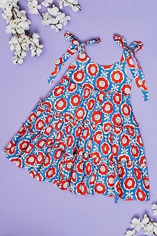 multi-colored cotton floral printed tie-up tiered dress for girls