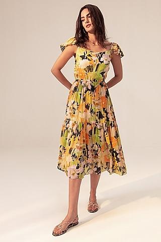 multi-colored cotton floral printed tiered midi dress