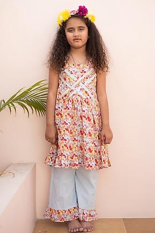 multi-colored cotton hand block printed co-ord set for girls