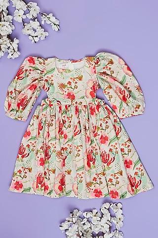 multi-colored cotton linen floral printed cut-out dress for girls