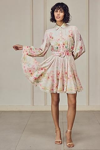multi-colored cotton linen floral printed mini dress with belt