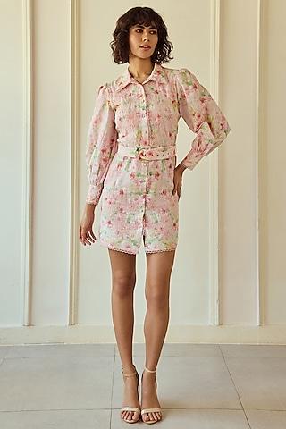 multi-colored cotton linen floral printed shirt dress with belt