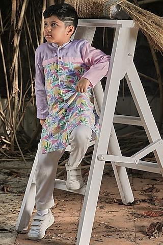 multi-colored cotton satin tropical printed kurta set for boys