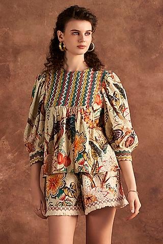 multi-colored cotton schiffli work & printed blouse