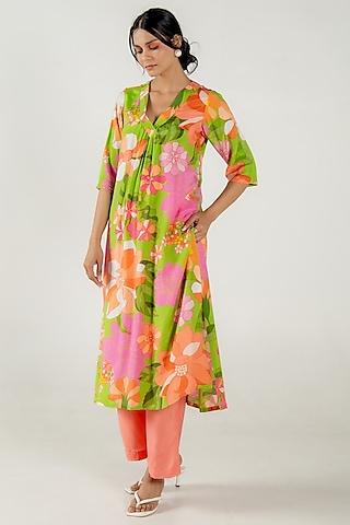 multi-colored cotton silk floral printed straight kurta set