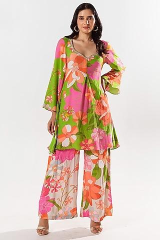 multi-colored cotton silk printed & embellished kurta set