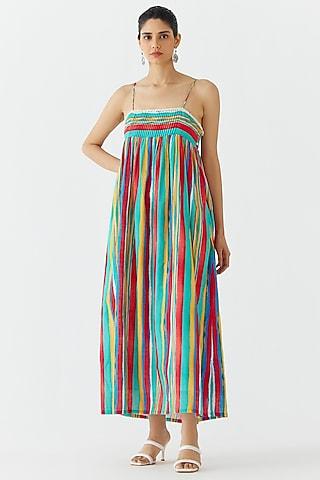 multi-colored cotton stripe printed strappy maxi dress