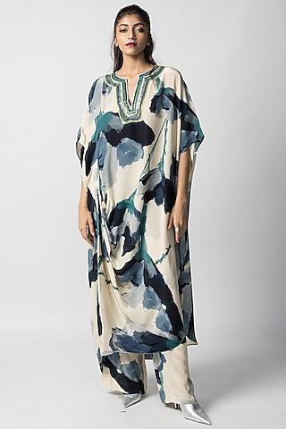 multi-colored crepe & satin draped kaftan set