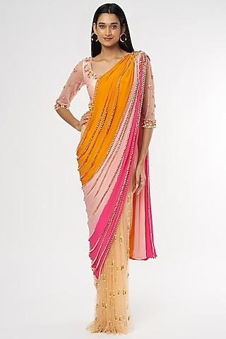 multi-colored crepe & tulle embroidered pre-stitched saree set