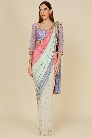multi-colored crepe & tulle embroidered pre-stitched saree set