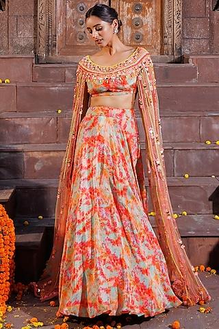 multi-colored crepe & tulle printed lehenga set