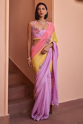 multi-colored crepe 3d floral boota embroidered saree set