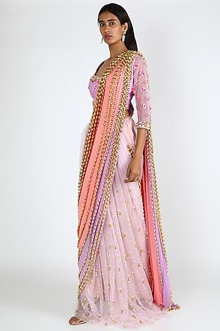 multi-colored crepe aari embroidered pre-stitched saree set