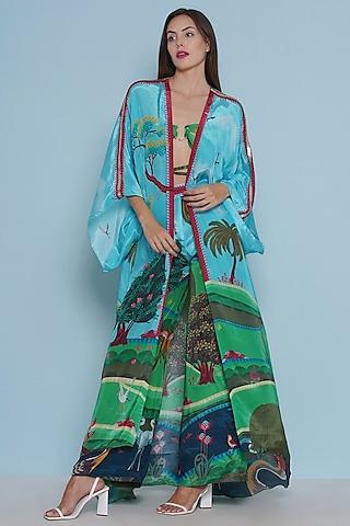 multi-colored crepe chintz printed & embroidered kimono