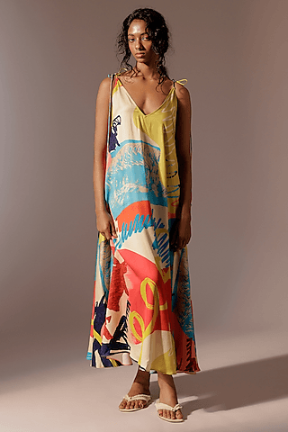 multi-colored crepe paneled maxi dress