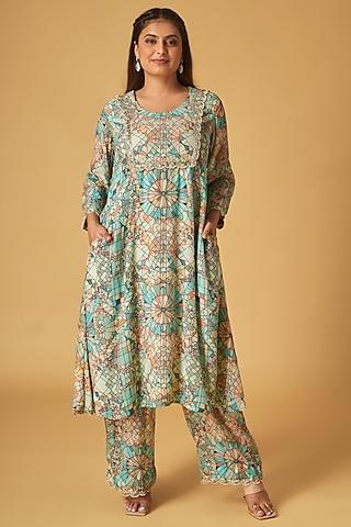 multi-colored crepe printed & badla embroidered tunic set