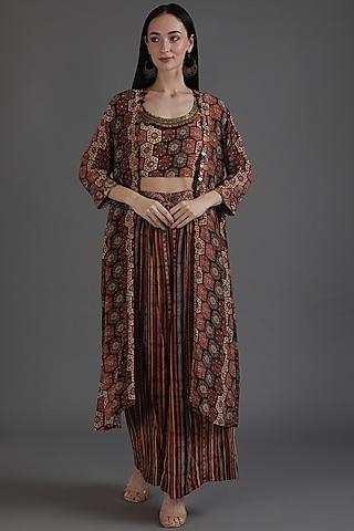 multi-colored crepe printed & embroidered cape set