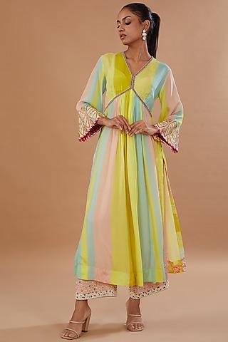 multi-colored crepe printed & embroidered kurta set