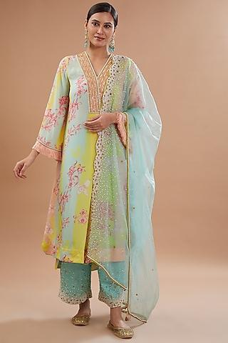 multi-colored crepe printed & hand embroidered kurta set