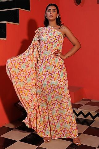 multi-colored crepe printed & hand embroidered one-shoulder draped dress