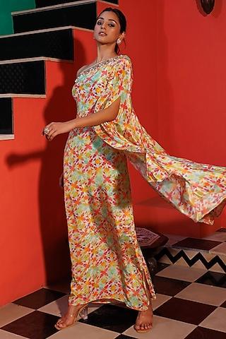 multi-colored crepe printed & hand embroidered one-shoulder dress