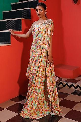 multi-colored crepe printed & hand embroidered one-side draped dress