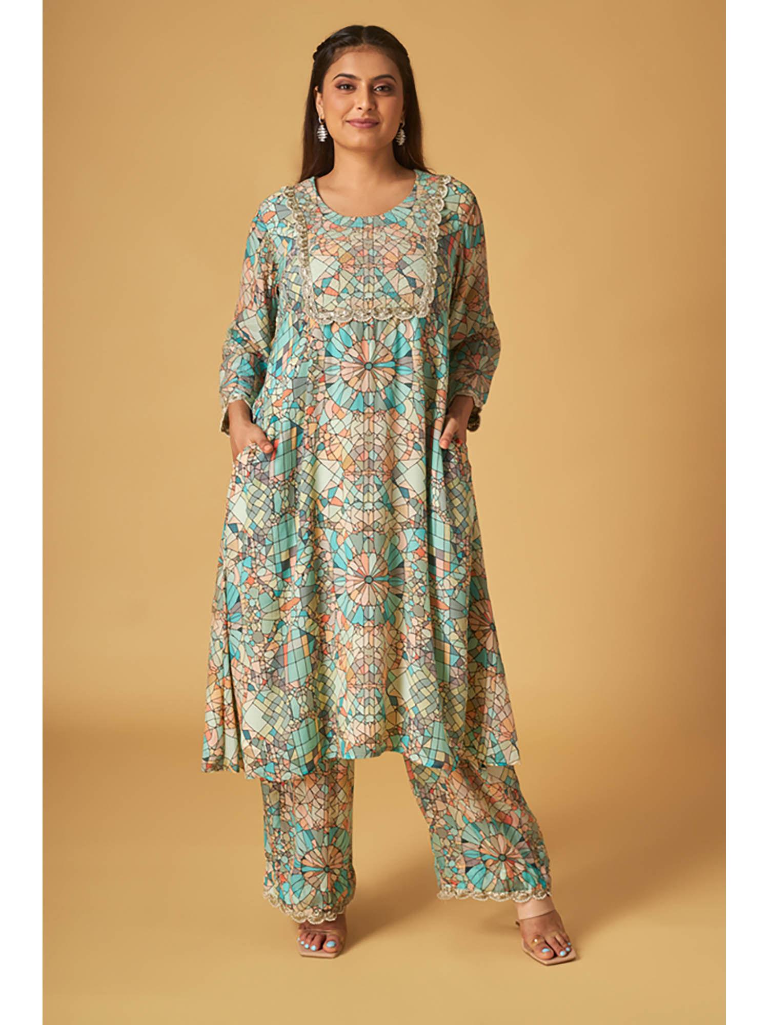 multi colored crepe printed and embroidered kurta and pant (set of 2)