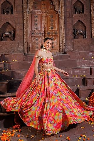 multi-colored crepe printed flared lehenga set