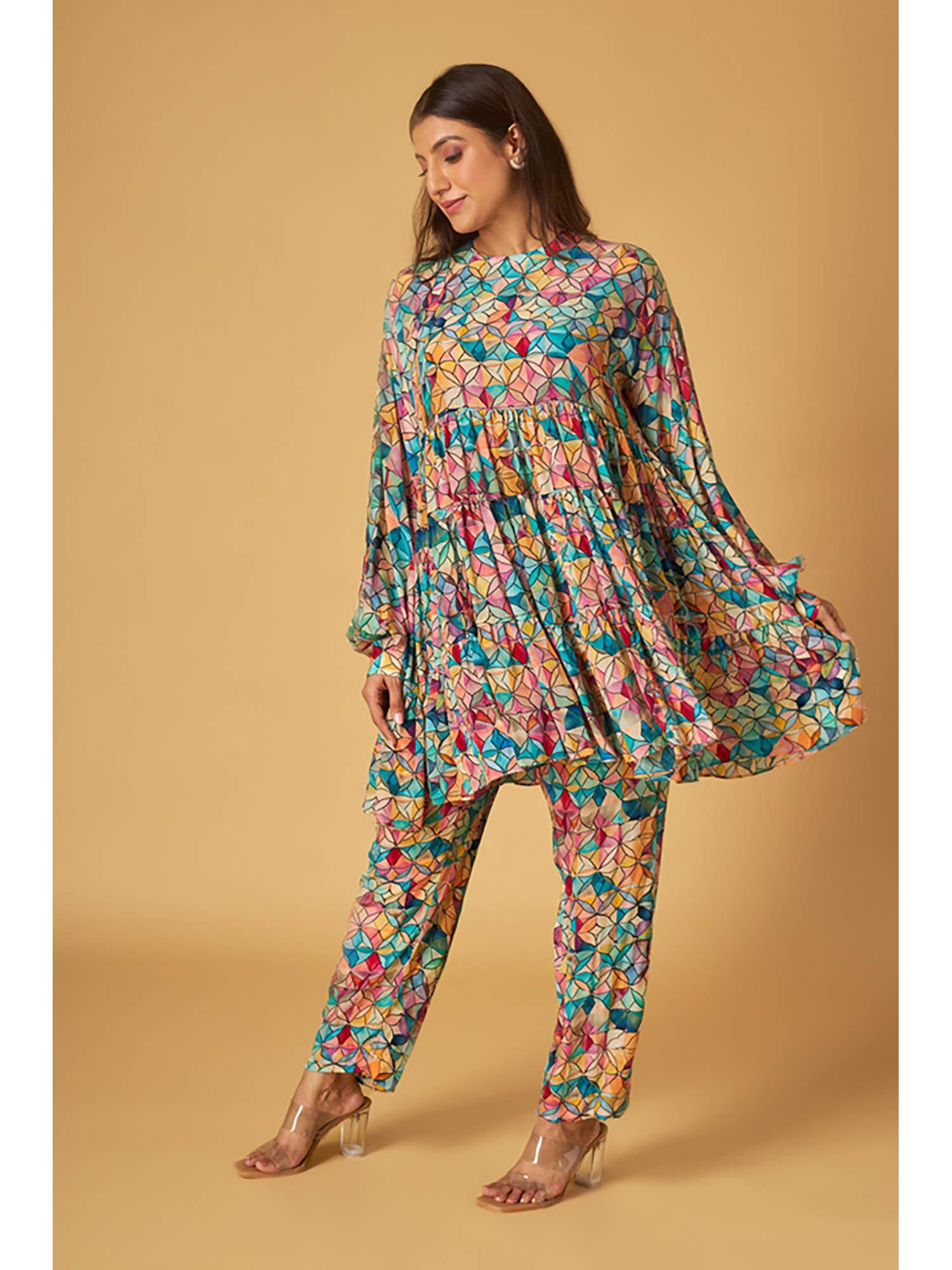 multi colored crepe printed tunic and pant co-ord (set of 2)