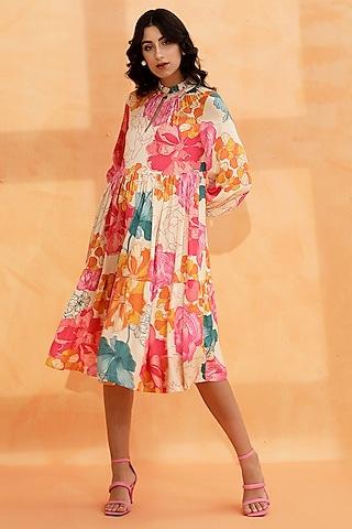 multi-colored crepe satin printed midi dress