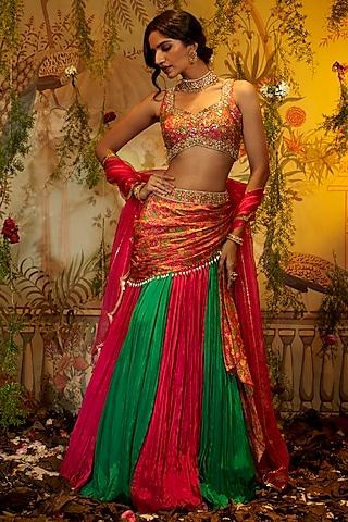 multi-colored crepe silk printed & hand embroidered draped lehenga set