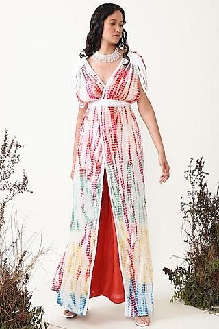 multi-colored crushed cotton shibori dyed dress with pants