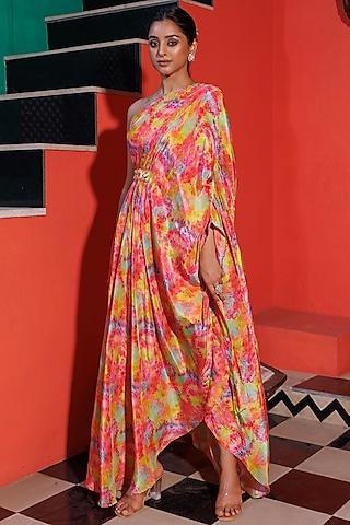 multi colored digital print draped dress