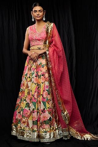 multi-colored dola silk printed & embroidered lehenga set