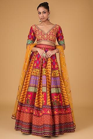 multi-colored dupion chevron & motif printed lehenga set