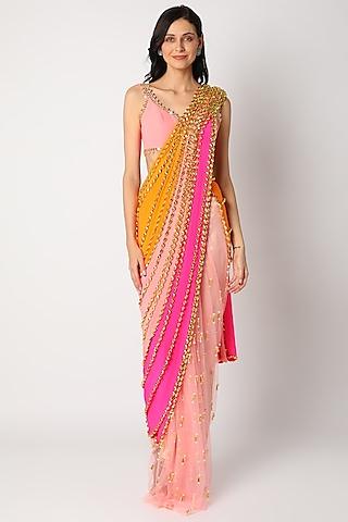 multi colored embellished pre-stitched saree set