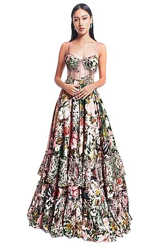 multi colored embroidered & printed corset gown