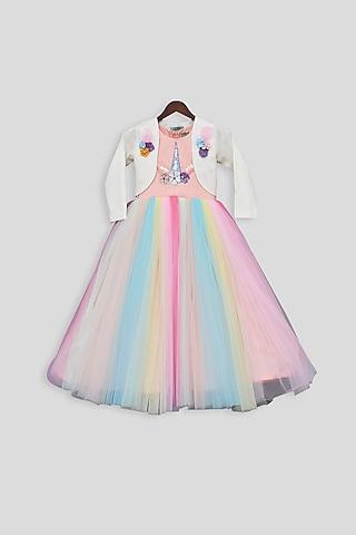 multi colored embroidered gown with off white jacket for girls