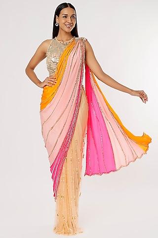 multi-colored embroidered pre-stitched saree set