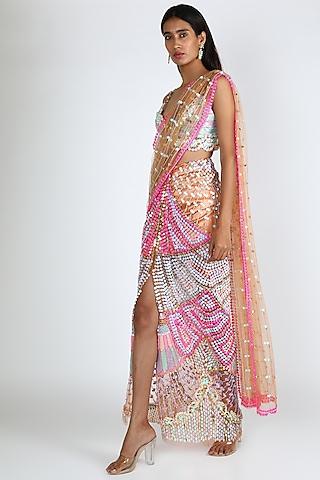 multi colored embroidered pre-stitched saree set