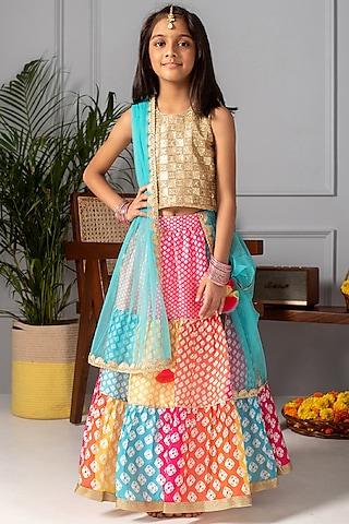 multi-colored embroidered tiered lehenga set for girls