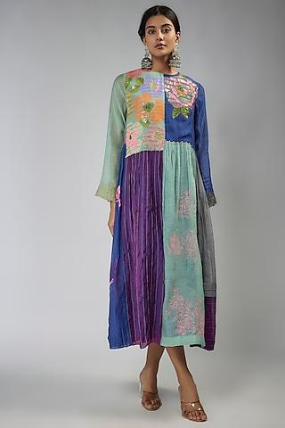 multi-colored fine chanderi hand embroidered kaftan dress