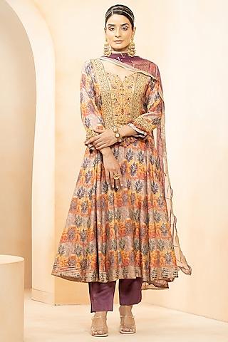 multi-colored fine silk digital printed anarkali set