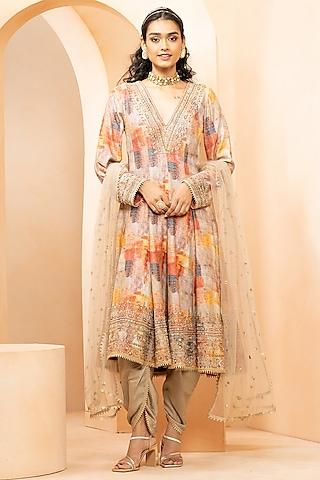 multi-colored fine silk digital printed anarkali set