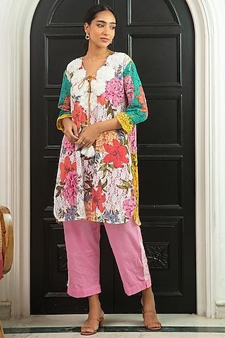 multi-colored floral embroidered a-line kurta set