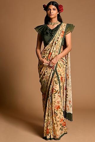 multi colored floral pre-draped saree set