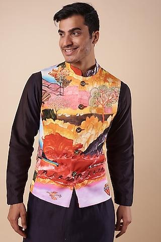 multi-colored fused polyester satin printed bundi jacket
