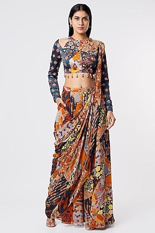 multi-colored georgette & modal aztec printed pant saree set